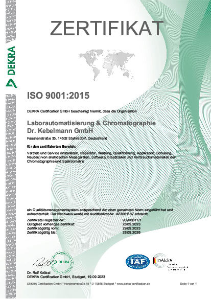 Zertifikat zertifiziert ISO 9001 L&C Dr. Kebelmann GmbH - Ingenieurbüro für Analysenmeßtechnik Laborautomatisierung und Chromatographie