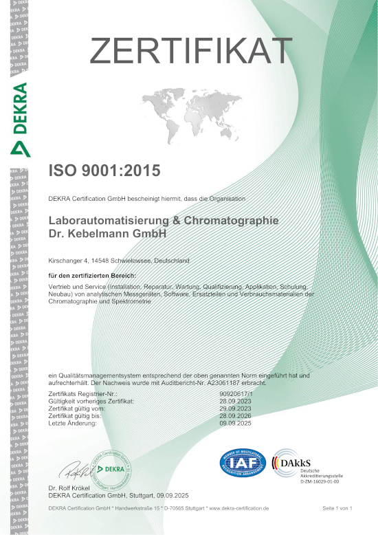 Zertifikat zertifiziert ISO 9001 L&C Dr. Kebelmann GmbH - Ingenieurbüro für Analysenmeßtechnik Laborautomatisierung und Chromatographie